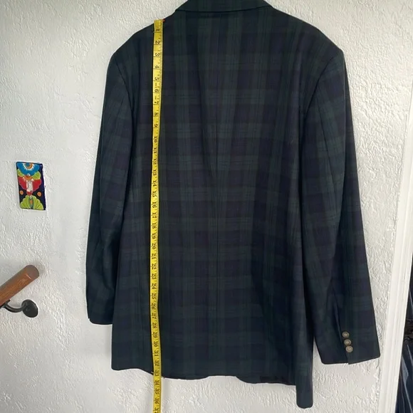 HUNTING HORN DESIGN FOR J. RIGGINGS WOOL BLEND TARTAN PLAID Navy Green Size 42L - Picture 5 of 9
